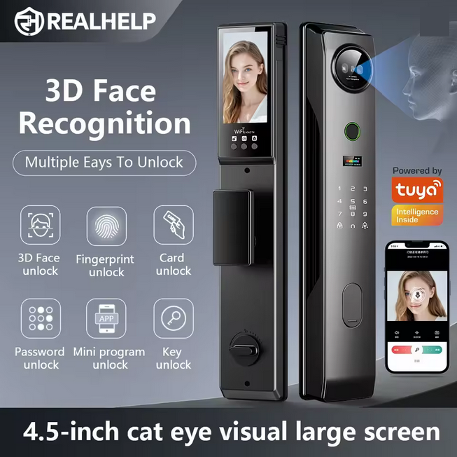 Smart Life/Tuya App WiFi Remote 3D Face Recogntion Smart Door Lock with Camera Front Door Fingerprint Lock For 13.56Mhz Card
